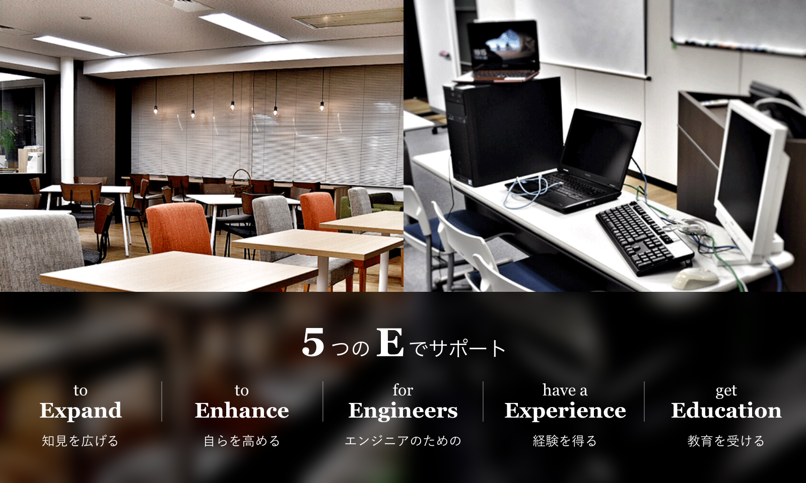 5つのEでサポート to Expand 知見を広げる　to Enhance 自らを高める　for Engineers エンジニアのための　have a Experience 経験を得る　get Education 教育を受ける